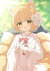Rule 34 | 1girl, animal ear fluff, animal ears, blunt bangs, blurry, blurry background, bob cut, brown eyes, chinese knot, commission, cowboy shot, flower, flower knot, fox ears, fox girl, fox tail, hair flower, hair ornament, hands up, highres, japanese clothes, lens flare, looking at viewer, multiple tails, open mouth, orange hair, orchid, original, outstretched hand, short hair, skeb commission, solo, tail, tassel, tyakomes, white flower