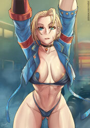 Rule 34 | 1girl, areola slip, arms up, blonde hair, breasts, cammy stretch (meme), cammy white, capcom, cleavage, gluteal fold, green eyes, large breasts, looking at viewer, meme, panties, pasties, redjet, street fighter, street fighter 6, stretching, thigh gap, thighs, toned, underwear