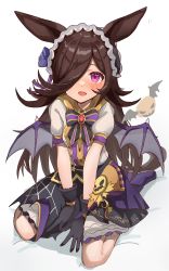 Rule 34 | 1girl, absurdres, amamoru 21, animal ears, bat wings, black bow, black bowtie, black gloves, black headwear, black skirt, blue flower, blue rose, blush, bow, bowtie, brown hair, commentary, fake wings, flipped hair, flower, full body, gloves, hair flower, hair ornament, hair over one eye, halloween, highres, horse ears, horse girl, layered skirt, long hair, looking at viewer, maid headdress, official alternate costume, open mouth, pink eyes, pumpkin, purple bow, purple bowtie, rice shower (make up vampire!) (umamusume), rice shower (umamusume), rose, seiza, shirt, short sleeves, silk, simple background, sitting, skirt, smile, solo, spider web, striped bow, striped bowtie, striped clothes, striped neckwear, umamusume, white background, white shirt, wings