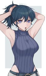 Rule 34 | 1girl, absurdres, alternate hairstyle, armpits, arms up, artist name, banned artist, bare arms, bare shoulders, blue eyes, blue hair, breasts, byleth (female) (fire emblem), byleth (fire emblem), commentary, commentary request, fire emblem, fire emblem: three houses, hair between eyes, highres, large breasts, nintendo, ponytail, shimizu akina, sleeveless, solo, turtleneck, twitter username, upper body