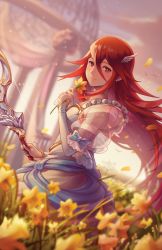 Rule 34 | 1girl, bow (weapon), bride, closed mouth, cloud, cordelia (bridal) (fire emblem), cordelia (fire emblem), dress, field, fire emblem, fire emblem awakening, fire emblem heroes, flower, flower field, from side, hair between eyes, hair ornament, holding, holding bow (weapon), holding flower, holding weapon, kaijuicery, long hair, looking to the side, nintendo, outdoors, petals, red eyes, red hair, sky, smile, solo, weapon, wedding dress, white dress