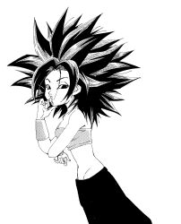 Rule 34 | 1girl, breasts, caulifla, dragon ball, dragon ball super, fenyon, greyscale, hand on own chin, highres, looking at viewer, medium breasts, midriff, monochrome, pants, simple background, solo, spiked hair, standing, strapless, tube top, white background