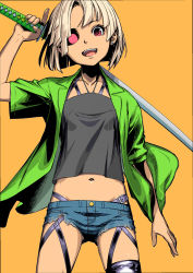 Rule 34 | 1girl, black shirt, blonde hair, breasts, chuuou higashiguchi, collarbone, commentary request, copyright request, earrings, green jacket, highres, holding, holding sword, holding weapon, jacket, jewelry, katana, looking at viewer, navel, open clothes, open jacket, open mouth, orange background, red eyes, shirt, short hair, short shorts, shorts, simple background, small breasts, smile, solo, sword, thighs, torn clothes, torn shorts, weapon