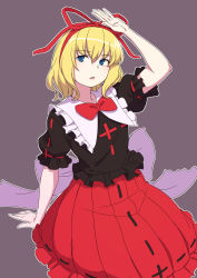 Rule 34 | 1girl, black shirt, blonde hair, grey background, hair ribbon, highres, kakone, looking at viewer, medicine melancholy, one-hour drawing challenge, open mouth, petticoat, red ribbon, red skirt, ribbon, shirt, short hair, simple background, skirt, solo, touhou