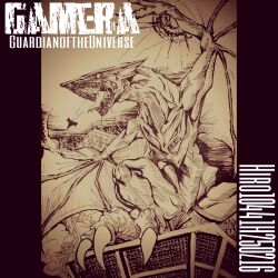 Rule 34 | aircraft, airplane, crest, daiei film, destruction, dust, english text, f-15 eagle, f-15j, f-15 eagle, fighter jet, gamera: guardian of the universe, gamera (series), giant, giant monster, gyaos, japan air self-defense force, japan self-defense force, jet, kadokawa, kaijuu, military, military vehicle, monochrome, monster, no humans, open mouth, real world location, roaring, saliva, saliva trail, sharp teeth, sketch, smoke, super gyaos, talons, teeth, tokyo tower, tongue, tongue out, wings, yui hiroto