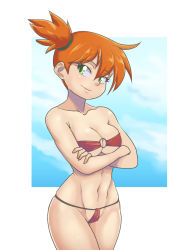 Rule 34 | 1girl, abs, asymmetrical hair, bikini, breast hold, breasts, creatures (company), crossed arms, game freak, gez1313, green eyes, highres, large breasts, legs, looking at viewer, misty (pokemon), muscular, navel, nintendo, pokemon, pokemon rgby, ponytail, red bikini, seductive smile, short ponytail, side ponytail, simple background, smile, solo, swimsuit, thighs, white background