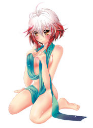 Rule 34 | 1girl, antenna hair, bare shoulders, barefoot, blush, bob cut, breasts, covering privates, full body, haruka (magic wand), messy hair, multicolored hair, naked scarf, nude cover, pascal (tales), red hair, scarf, short hair, simple background, sitting, solo, tales of (series), tales of graces, two-tone hair, wariza, white background, white hair, yellow eyes