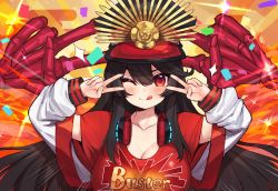 Rule 34 | 1girl, alternate breast size, black hair, blush, breasts, buster shirt, closed mouth, confetti, crest, double v, egasumi, emotional engine - full drive, family crest, fate/grand order, fate (series), hands up, hat, headphones, headphones around neck, highres, jacket, k jin, letterman jacket, licking lips, long hair, long sleeves, looking at viewer, oda nobunaga (fate), oda nobunaga (koha-ace), oda nobunaga (swimsuit berserker) (fate), oda nobunaga (swimsuit berserker) (first ascension) (fate), oda uri, off shoulder, one eye closed, open clothes, open jacket, parody, peaked cap, red eyes, red shirt, shirt, skeleton, smile, solo, sparkle, tongue, tongue out, v