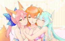 Rule 34 | 10s, 3girls, :3, ;d, animal ears, bare shoulders, bra, closed eyes, fate/extra, fate/grand order, fate (series), female focus, fox ears, fox tail, fujimaru ritsuka (female), girl sandwich, green hair, group hug, hair ribbon, half-closed eyes, horns, hug, kemokain, kiyohime (fate), lingerie, long hair, looking at viewer, multiple girls, neck, one eye closed, open mouth, orange hair, pink hair, ribbon, sandwiched, short hair, short ponytail, side ponytail, smile, tail, tamamo (fate), tamamo no mae (fate/extra), type-moon, underwear, upper body, wince, yellow eyes, yuri