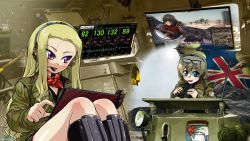 Rule 34 | 10s, 2girls, alternate hairstyle, assam (girls und panzer), binoculars, black footwear, blonde hair, blue eyes, boots, brown jacket, closed mouth, commentary request, darjeeling (girls und panzer), emblem, extra, eyewear on head, ferret scout car, girls und panzer, headset, highres, holding, jacket, knee boots, long hair, looking at viewer, military, military uniform, monitor, multiple girls, open mouth, r-ex, short hair, sitting, smile, st. gloriana&#039;s (emblem), sunglasses, tablet pc, tank interior, tank shell, uniform, union jack, world of tanks