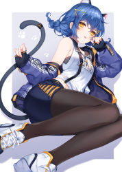 Rule 34 | a20 (atsumaru), animal ears, bad id, bad twitter id, black pantyhose, blue background, blue hair, braid, cat ears, cat tail, clothes writing, hair ornament, highres, jacket, long hair, long sleeves, looking at viewer, off-shoulder jacket, off shoulder, pantyhose, precure, shoes, sneakers, solo, star twinkle precure, tail, tail ornament, tail ring, tongue, tongue out, twin braids, two-tone background, white background, yellow eyes, yuni (precure)