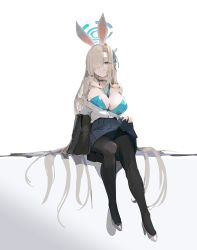 Rule 34 | 1girl, absurdres, animal ears, asuna (blue archive), asuna (bunny) (blue archive), bare shoulders, black jacket, black pantyhose, blazer, blue archive, blue eyes, blue leotard, blue skirt, breasts, cleavage, closed mouth, clothes lift, commentary request, full body, gradient background, grey background, hair over one eye, halo, high heels, highres, jacket, large breasts, leotard, leotard under clothes, lifting own clothes, light brown hair, long hair, off shoulder, official alternate costume, pantyhose, pleated skirt, rabbit ears, school uniform, shirt, shoes, sitting, skirt, skirt lift, smile, solo, strapless, strapless leotard, tota (sizukurubiks), very long hair, white background, white footwear, white shirt