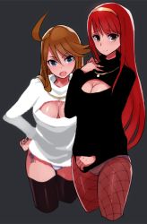 Rule 34 | 10s, 2girls, ahoge, black pantyhose, black thighhighs, breasts, brown eyes, brown hair, brown legwear, cleavage, cleavage cutout, clothing cutout, cowboy shot, cropped legs, fishnet pantyhose, fishnets, grey background, hairband, hand on own hip, hand on own chest, idolmaster, idolmaster million live!, jewelry, large breasts, long hair, looking at viewer, meme attire, multiple girls, necklace, open-chest sweater, open mouth, panties, panties under pantyhose, pantyhose, pantyshot, red hair, shoohee, sweater, tanaka kotoha, thighhighs, tokoro megumi, underwear
