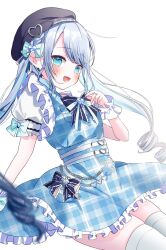 Rule 34 | 1girl, blue dress, blue eyes, blush, bow, commentary request, dress, grey hair, hair ornament, highres, kaga sumire, long hair, looking at viewer, multicolored hair, open mouth, pome charo, short sleeves, simple background, smile, solo, thighhighs, twintails, virtual youtuber, vspo!, white thighhighs, wrist cuffs