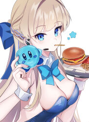 Rule 34 | 1girl, absurdres, animal ears, baba kirika, blonde hair, blue archive, blue bow, blue bowtie, blue eyes, blue hair, blue leotard, blush, bow, bowtie, braid, breasts, burger, cleavage, crossover, detached collar, fake animal ears, food, french fries, highres, kirby, kirby (series), leotard, long hair, looking at viewer, medium breasts, mouth hold, multicolored hair, nintendo, official alternate costume, rabbit ears, simple background, solo, star (symbol), strapless, strapless leotard, streaked hair, toki (blue archive), toki (bunny) (blue archive), upper body, white background, wrist cuffs