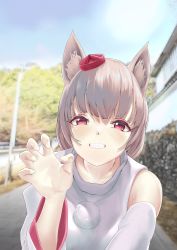 Rule 34 | 1girl, absurdres, animal ear fluff, animal ears, bare shoulders, blush, claw pose, day, detached sleeves, gloves, grin, hat, highres, inubashiri momiji, looking at viewer, outdoors, pom pom (clothes), red eyes, risiyun, shirt, short hair, silver hair, sky, smile, solo, teeth, tokin hat, touhou, white shirt, wolf ears