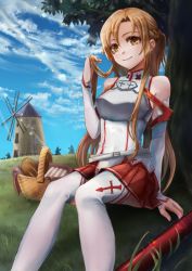 Rule 34 | 1girl, armor, asuna (sao), asymmetrical bangs, bare shoulders, basket, blue sky, braid, bread, breastplate, brown eyes, brown hair, closed mouth, cloud, cross print, detached sleeves, dress, food, french braid, grass, highres, long hair, looking at viewer, on ground, outdoors, pino-ekaki, playing with own hair, rapier, red skirt, sandwich, sheath, sheathed, sitting, skirt, sky, sleeveless, sleeveless dress, smile, solo, sword, sword art online, thighhighs, tree, weapon, white armor, white dress, white sleeves, white thighhighs, windmill