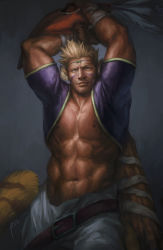 Rule 34 | 1boy, abs, animal ears, arms up, bandaged arm, bara, bare pectorals, belt, blonde hair, breath of fire, breath of fire iv, clothes pull, commentary request, cray (breath of fire), dark-skinned male, dark skin, facial hair, feet out of frame, goatee, highres, large pectorals, looking at viewer, male focus, mature male, muscular, muscular male, navel, navel hair, nick300, nipples, open belt, pants, pants pull, pectorals, realistic, seductive smile, short hair, shrug (clothing), sideburns, smile, solo, spiked hair, stomach, tail, tiger boy, tiger ears, tiger tail, white pants