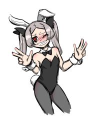 Rule 34 | 1girl, alternate costume, animal ears, asagao (bikaburi), bare shoulders, black pantyhose, bloody marie (skullgirls), blush, bow, breasts, cleavage, fake animal ears, grey hair, hair bow, leotard, long hair, looking at viewer, one eye closed, pantyhose, playboy bunny, rabbit ears, rabbit tail, red eyes, simple background, skullgirls, solo, tail, tears, twintails, white background, wink, wrist cuffs