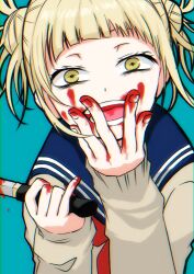 Rule 34 | 1girl, ak fall91, aqua background, bags under eyes, blonde hair, blood, blood on face, blood on hands, bloody knife, bloody weapon, blue sailor collar, blunt bangs, boku no hero academia, brown cardigan, cardigan, chromatic aberration, double bun, fingernails, hair bun, highres, holding, holding knife, holding weapon, knife, long sleeves, messy hair, neckerchief, open mouth, red neckerchief, sailor collar, school uniform, serafuku, simple background, solo, teeth, toga himiko, upper body, weapon, yellow eyes