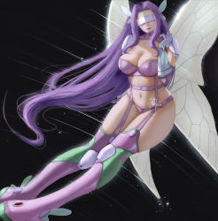 Rule 34 | 1girl, belt, bikini, black background, boots, breasts, butterfly wings, cleavage, covered eyes, digimon, digimon (creature), digimon frontier, fairimon, fairy, fairy wings, garter straps, highres, insect wings, large breasts, long hair, mask, navel, panties, parted bangs, purple belt, purple bikini, purple hair, revealing clothes, simple background, skindentation, swimsuit, thighhighs, underwear, very long hair, wings