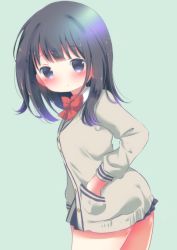 Rule 34 | 10s, 1girl, ass, bad id, bad pixiv id, black hair, black skirt, blue eyes, blush, bow, bowtie, cardigan, closed mouth, commentary request, cowboy shot, green background, gridman universe, hand in pocket, leaning forward, long hair, miniskirt, pleated skirt, red bow, red bowtie, rin (fuwarin), shirt, simple background, skirt, solo, ssss.gridman, standing, takarada rikka, white cardigan, white shirt