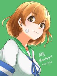 Rule 34 | 1girl, artist name, bandaid, bandaid on face, brown eyes, brown hair, dated, green background, green sailor collar, highres, kantai collection, looking at viewer, oboro (kancolle), sailor collar, short hair, smile, solo, twitter username, umibudou, upper body