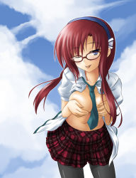 Rule 34 | 00s, 1girl, :p, ;p, between breasts, blue eyes, blush, breasts, evangelion: 2.0 you can (not) advance, glasses, makinami mari illustrious, necktie, necktie between breasts, neon genesis evangelion, no bra, okitakung, one eye closed, open clothes, open shirt, pantyhose, rebuild of evangelion, red hair, school uniform, shirt, skirt, tongue, tongue out, wink