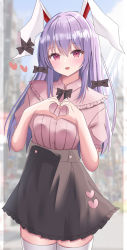 Rule 34 | 1girl, :d, absurdres, alternate costume, animal ears, aohane, blurry, blurry background, blush, cowboy shot, heart, heart hands, highres, long hair, looking at viewer, open mouth, rabbit ears, reisen udongein inaba, skirt, smile, solo, thighhighs, touhou, zettai ryouiki