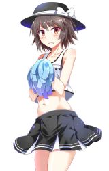Rule 34 | 1girl, adapted costume, alternate costume, blush, bow, brown hair, cheerleader, e.o., frown, hat, hat bow, highres, jpeg artifacts, looking at viewer, midriff, navel, pom pom (cheerleading), shirt, short hair, shy, simple background, skirt, sleeveless, solo, touhou, tsurime, usami renko, white background