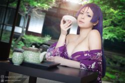 Rule 34 | 1girl, bare shoulders, breasts, cleavage, cosplay, cosplay photo, day, fate/grand order, fate (series), female focus, highres, japanese clothes, kimono, large breasts, long hair, looking at viewer, matching hair/eyes, minamoto no raikou (fate), minamoto no raikou (fate) (cosplay), no bra, off shoulder, outdoors, photo (medium), purple eyes, purple hair, solo, yoshinobi cos, yukata