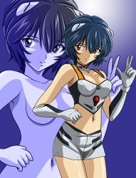 Rule 34 | 1girl, ayanami rei, blue hair, breasts, censored, convenient censoring, cowboy shot, elbow gloves, gentoku, gloves, hand gesture, highres, looking at viewer, miniskirt, navel, neon genesis evangelion, nude, race queen, red eyes, short hair, skirt, smile, solo, standing, w, zoom layer