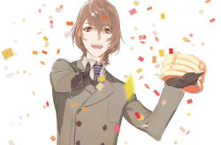 Rule 34 | 1boy, akechi gorou, black gloves, brown hair, coat, collared shirt, confetti, food, gloves, grey coat, hair between eyes, holding, holding food, long sleeves, looking at viewer, male focus, necktie, open mouth, pako (pakosun), pancake, pancake stack, persona, persona 5, pointing, pointing at viewer, red eyes, shirt, simple background, solo, striped, striped necktie, upper body, vertical-striped clothes, vertical-striped necktie, white background, white shirt