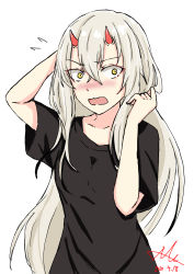 Rule 34 | 1girl, alternate hair length, alternate hairstyle, azur lane, bad id, bad pixiv id, black shirt, blush, breasts, collarbone, commentary request, constricted pupils, dated, flying sweatdrops, grey hair, hachishima, hair between eyes, highres, horns, kinu (azur lane), long hair, looking at viewer, nose blush, oni horns, open mouth, shirt, short sleeves, signature, sketch, small breasts, solo, surprised, t-shirt, tsurime, upper body, wavy mouth, yellow eyes