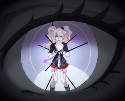 Rule 34 | 1girl, black bra, black shirt, blonde hair, blood, blood from mouth, blood on clothes, blue eyes, boots, bow, bra, collarbone, commentary request, cosplay, danganronpa: trigger happy havoc, danganronpa (series), enoshima junko, enoshima junko (cosplay), eye focus, eyelashes, hair bow, hair ornament, hands up, ikusaba mukuro, impaled, knee boots, long hair, looking at viewer, miniskirt, nail polish, necktie, pink blood, polearm, rabbit hair ornament, red nails, red skirt, reflection, rissu, shaded face, shirt, skirt, sleeves rolled up, solo, spear, spoilers, twintails, underwear, weapon, white necktie