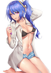 Rule 34 | 1girl, absurdres, arm behind head, barefoot, bikini, black bikini, blue hair, blue shorts, blush, breasts, clothes pin, coat, collarbone, girls&#039; frontline, hair between eyes, head tilt, henz, highres, holding, k11 (girls&#039; frontline), kneeling, lab coat, large breasts, leather choker, long hair, looking at viewer, messy hair, open clothes, open coat, open fly, parted lips, purple eyes, short shorts, shorts, side ponytail, sidelocks, simple background, smile, solo, swimsuit, test tube, thighs, white background, white coat