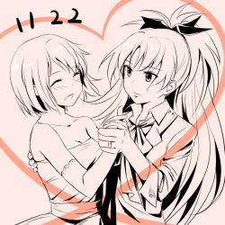 Rule 34 | 10s, 2girls, alternate costume, bad id, bad pixiv id, bare shoulders, blush, bow, bride, closed eyes, dancing, dress, elbow gloves, face, formal, gloves, hair bow, hand on back, happy, heart, holding hands, jewelry, long hair, mahou shoujo madoka magica, mahou shoujo madoka magica (anime), miki sayaka, misu kasumi, monochrome, multiple girls, ornate ring, ponytail, revision, ring, sakura kyoko, short hair, smile, strapless, strapless dress, tuxedo, wedding dress, wedding ring, wife and wife, yuri
