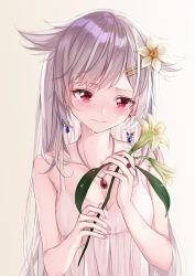 Rule 34 | 1girl, azur lane, bare shoulders, blush, breasts, cleavage, commentary request, crying, crying with eyes open, dress, flower, hair between eyes, hair ornament, hairclip, highres, holding, holding flower, jewelry, long hair, medium breasts, montpelier (azur lane), necklace, red eyes, shokuyou koori, silver hair, simple background, solo, tears, upper body, very long hair, white background, white dress, white flower