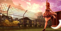 Rule 34 | 1girl, absurdres, ahoge, arm up, armpits, blurry, blurry foreground, building, bush, cloud, detached sleeves, dress, fence, from behind, gloves, grass, highres, love live!, love live! school idol festival, love live! sunshine!!, orange hair, orein, outdoors, plant, potted plant, short hair, sky, sleeveless, sleeveless dress, solo, standing, standing on one leg, sunset, takami chika, thighhighs, white thighhighs, zettai ryouiki