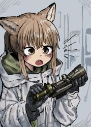 Rule 34 | 1girl, :o, absurdres, animal ears, brown eyes, brown hair, fang, fox ears, fox girl, fox girl (yihan1949), gloves, highres, holding, open mouth, original, ponytail, scope, solo, standing, winter clothes, yihan1949