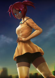 Rule 34 | 1girl, bike shorts, blue eyes, breasts, dark-skinned female, dark skin, dress, elbow gloves, fingerless gloves, gloves, hand on own hip, highres, looking at viewer, looking back, ningyon mereman, red hair, sari sumdac, short dress, short hair, short twintails, shorts under dress, small breasts, solo, thighhighs, transformers, transformers animated, twintails, yellow dress, yellow gloves, yellow thighhighs