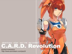 Rule 34 | 1girl, arms behind back, bare shoulders, blue eyes, breasts, collarbone, copyright name, cowboy shot, english text, grey background, leotard, official art, orange hair, phantasy star, phantasy star online, racaseal, sega, simple background, small breasts, smile, solo, two-tone background, watermark, web address