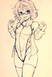 Rule 34 | 1girl, alternate costume, bare legs, breasts, commentary request, competition swimsuit, covered navel, cowboy shot, d-m (dii emu), eyelashes, greyscale, hood, hoodie, long sleeves, looking at viewer, low twintails, medium hair, monochrome, no headwear, one-piece swimsuit, open clothes, open hoodie, open mouth, semi-rimless eyewear, small breasts, swimsuit, touhou, twintails, under-rim eyewear, usami sumireko