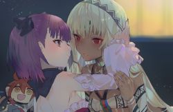 Rule 34 | 2girls, altera (fate), bare shoulders, black bow, blonde hair, blush, bow, character doll, closed mouth, dark-skinned female, dark skin, detached collar, detached sleeves, eye contact, fate/grand order, fate (series), fujimaru ritsuka (female), hair bow, hand on another&#039;s head, helena blavatsky (fate), kibadori rue, long hair, looking at another, multiple girls, parted lips, purple eyes, purple hair, red eyes, riyo (lyomsnpmp) (style), short hair, smile, veil, yuri