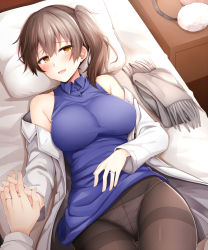 Rule 34 | 1boy, 1girl, :d, bare shoulders, bed, bed sheet, black pantyhose, blue dress, blush, breasts, brown hair, coat, crotch, dress, earmuffs, glint, gluteal fold, grey coat, grey scarf, hand on own stomach, holding hands, impossible clothes, impossible dress, interlocked fingers, jewelry, kaga (kancolle), kantai collection, large breasts, long hair, long sleeves, looking at viewer, lying, nightstand, off shoulder, on back, on bed, open clothes, open coat, open mouth, panties, panties under pantyhose, pantyhose, pillow, pov, ring, rui shi (rayze ray), scarf, unworn scarf, sidelocks, smile, solo focus, thigh gap, thighband pantyhose, underwear, wedding band, yellow eyes