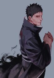 Rule 34 | 1boy, black hair, black nails, closed mouth, high collar, highres, long sleeves, looking at viewer, male focus, nail polish, naruto (series), own hands together, profile, red eyes, scar, scar on face, sharingan, short hair, simple background, uchiha obito, uchiha symbol, wide sleeves, zifletts
