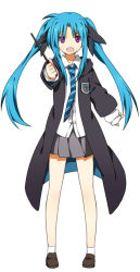 Rule 34 | blue hair, cape, cosplay, fang, full body, harry potter (series), hogwarts uniform, looking at viewer, lyrical nanoha, mahou shoujo lyrical nanoha, mahou shoujo lyrical nanoha a&#039;s, mahou shoujo lyrical nanoha a&#039;s portable: the battle of aces, levi the slasher, parody, pleated skirt, purple eyes, school uniform, shenbei xiaoqiu, simple background, skirt, solo, twintails, wand, white background, wizarding world