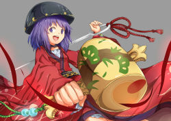 Rule 34 | 1girl, bowl, bowl hat, foreshortening, glowing, grey background, hat, highres, japanese clothes, kimono, looking at viewer, mallet, mini person, minigirl, miracle mallet, needle, obi, open mouth, purple eyes, purple hair, round teeth, sash, simple background, smile, solo, sukuna shinmyoumaru, suo niao, teeth, touhou, upper body