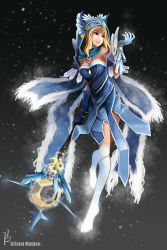 Rule 34 | 1girl, absurdres, armor, barefoot, blonde hair, breasts, cape, crystal maiden, diandianzai, dota (series), dota 2, gloves, gradient background, highres, hood, lips, pauldrons, purple eyes, rylai, shoulder armor, snow, solo, staff