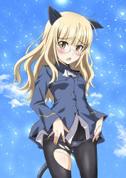 Rule 34 | 1girl, animal ears, ascot, black pantyhose, blonde hair, blue jacket, blue shirt, blue sky, blunt bangs, blush, cat ears, cat tail, commentary, cowboy shot, day, frown, glasses, jacket, light particles, long hair, long sleeves, looking at viewer, lowleg, lowleg panties, military, military uniform, minpei ichigo, no pants, open mouth, outdoors, panties, panties under pantyhose, pantyhose, perrine h. clostermann, rimless eyewear, shiny skin, shirt, skindentation, sky, solo, standing, strike witches, tail, torn clothes, torn pantyhose, underwear, uniform, white ascot, world witches series, yellow eyes